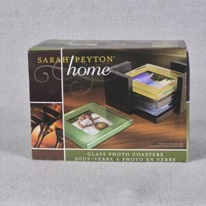 Sarah Peyton Glass Photo Coasters – Set of 4 with Black Wood Rack – New